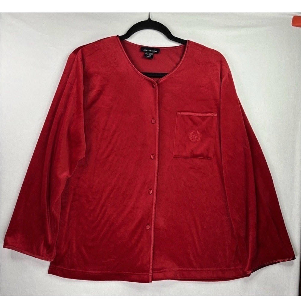 Womens Medium Jones New York Top Red Velour Button Front Long Sleeve Pajama Cozy